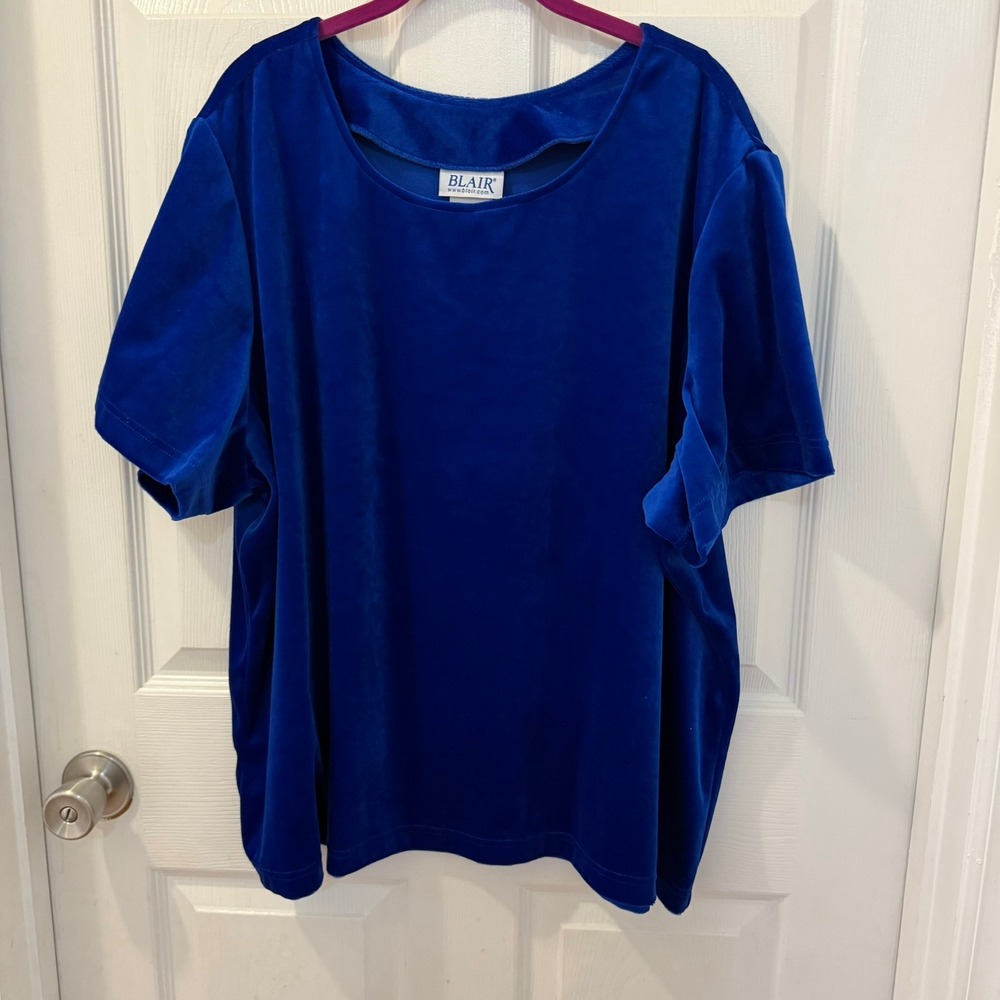 Vintage Blair Women 3XL Royal Blue‎ Velvet Short Sleeve Pullover Blouse Top